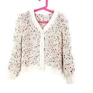 HANNA ANDERSSON Cream Mini Colorful Pompom Cable Knit Button Cardigan Kids Sz 8